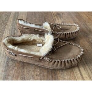 L.L.Bean Wicked Good Slippers Moccasins Men’s 9 WIDE Suede Tan Comfort Lounge